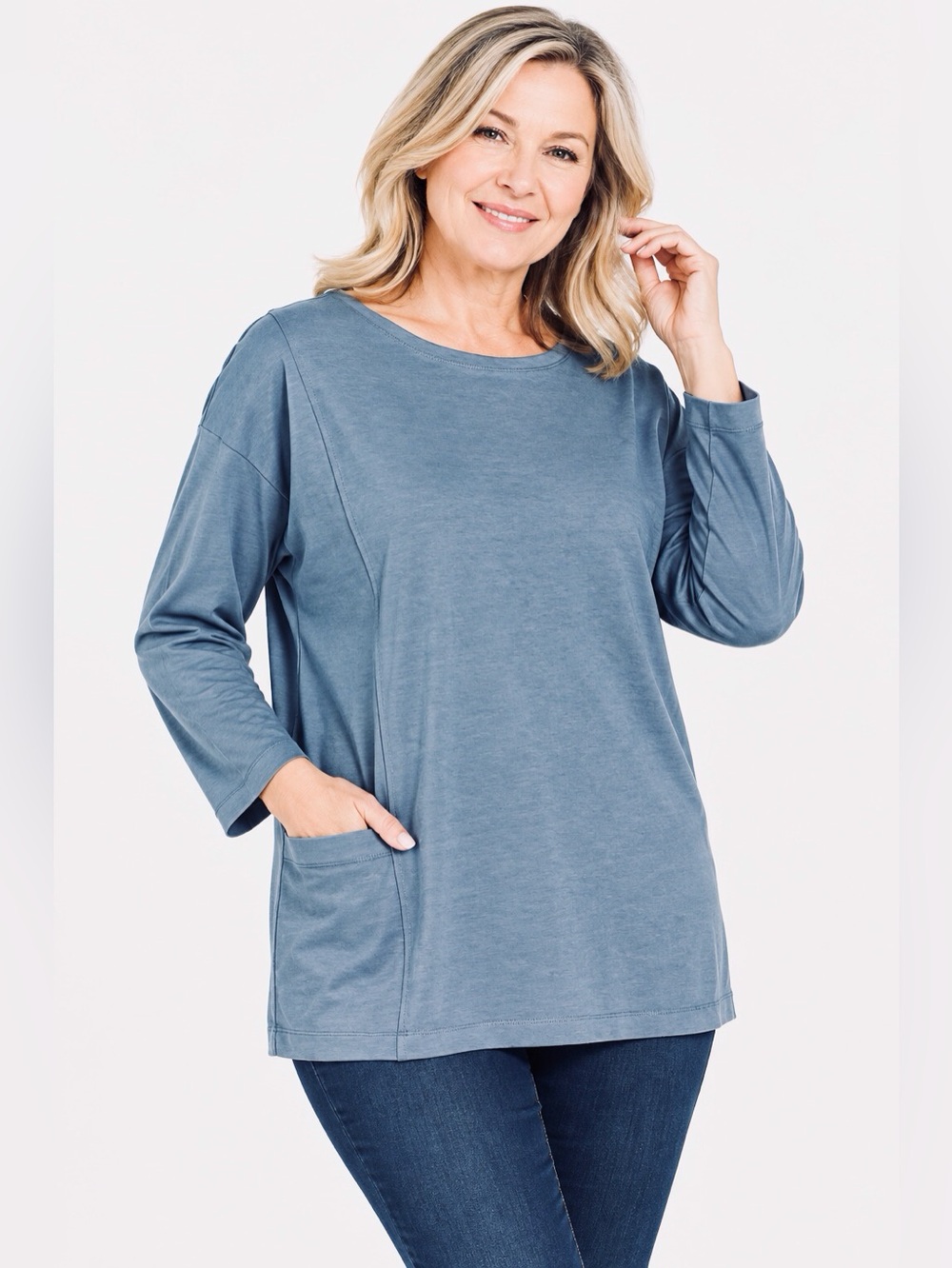DKR Long Sleeve Bateau Neck Top-Bluestone